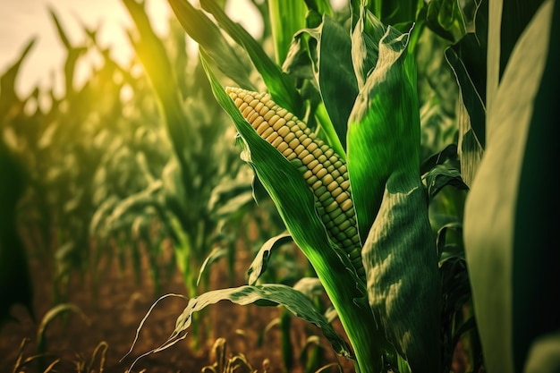 Primo piano di un campo di grano attenzione selettiva Piantagione di campi di grano verde durante l'estate