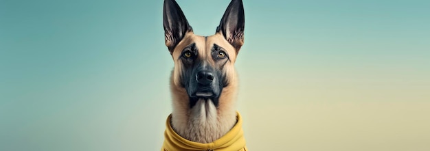 Primo piano di un cane Belgan Malinoi con uno sfondo blu pastello Foto di moda per cani IA generativa