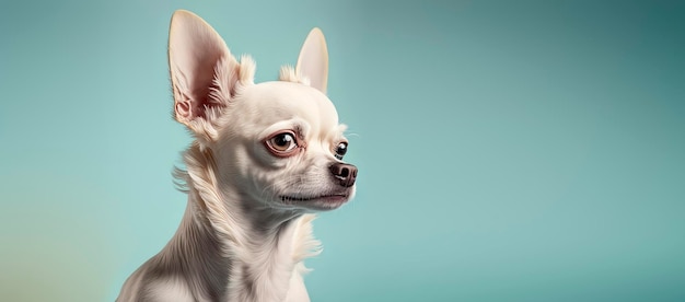 Primo piano di un cane chihuahua con uno sfondo blu pastello Foto di moda per cani IA generativa