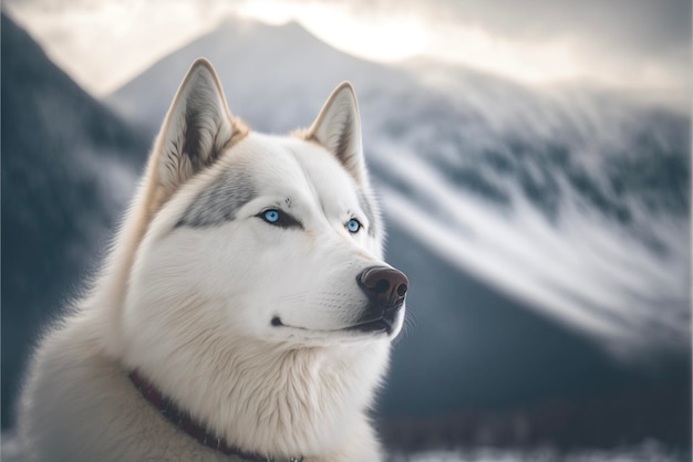 Primo piano di un cane con una montagna sullo sfondo