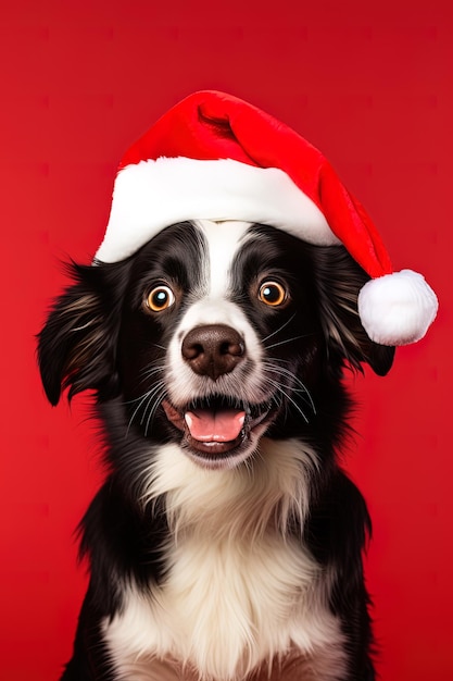 Primo piano di un cane espressivo che indossa un cappello di Babbo Natale su sfondo rosso