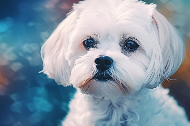 Primo piano di un cane maltese con uno sfondo blu pastello Foto di moda per cani IA generativa