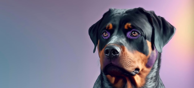 Primo piano di un cane Rottweiler con uno sfondo viola pastello Foto di moda per cani IA generativa