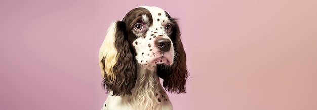 Primo piano di un cane Spaniels Cocker con uno sfondo rosa pastello Foto di moda per cani IA generativa