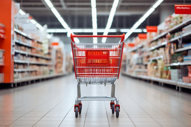 Primo piano di un carrello rosso in una corsia del supermercato