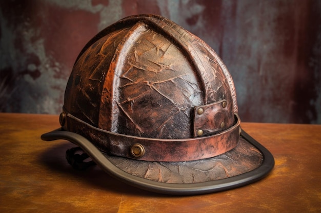 Primo piano di un casco da vigile del fuoco vintage in pelle indossato creato con ai generativo