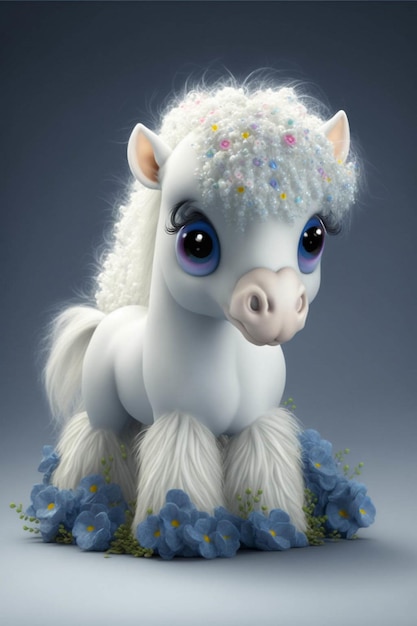 Primo piano di un cavallo giocattolo con fiori sulla sua testa ai generativo