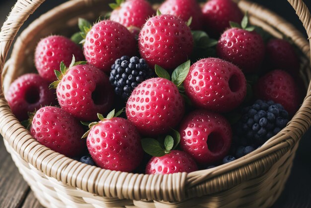 Primo piano di un cesto di frutti di bosco freschi d'estate