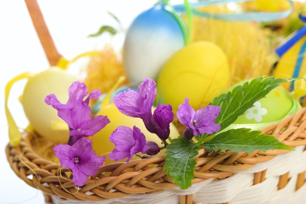 Primo piano di un cesto di Pasqua con fiori viola all'inizio della primavera e uova colorate