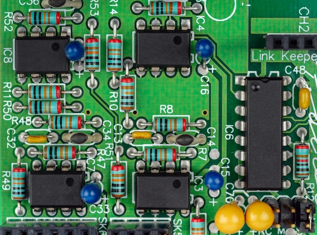 Primo piano di un circuito stampato con componenti come resistori e circuiti integrati