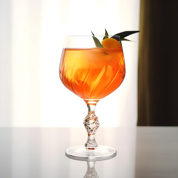 Primo piano di un cocktail alcolico all'arancia in un elegante bicchiere di vino con arancia sanguinante su un tavolo davanti alla finestra Alla moda rinfrescante cocktail italiano all'arancia fredda chiave alta AI generativa