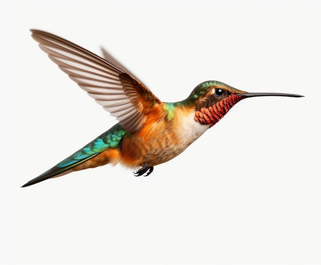 Primo piano di un colibrì su sfondo bianco IA generativa