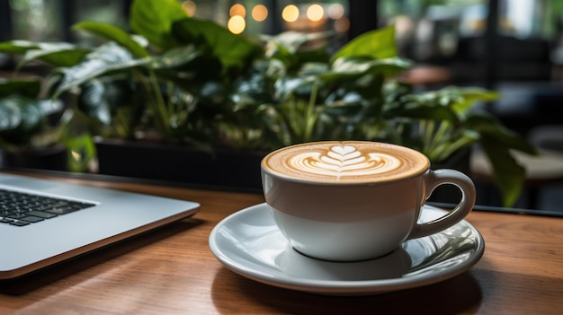 Primo piano di un computer portatile e di un caffè