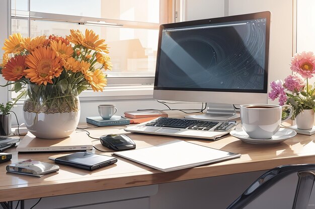 Primo piano di un computer, una tazza di caffè, un vaso di fiori e altro ancora su una scrivania bianca all'interno