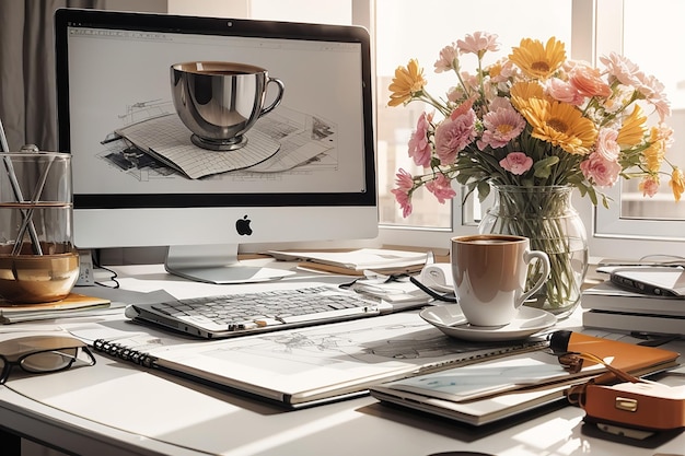 Primo piano di un computer, una tazza di caffè, un vaso di fiori e altro ancora su una scrivania bianca all'interno