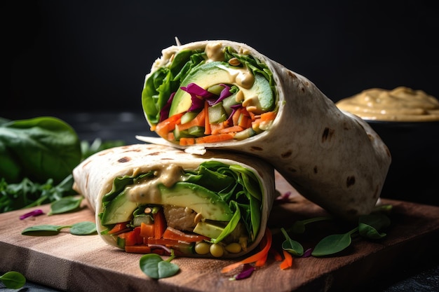 Primo piano di un delizioso impacco vegano con hummus e verdure