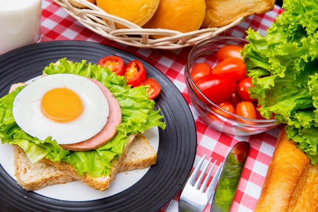 Primo piano di un delizioso panino all'uovo sul tavolo da pranzo