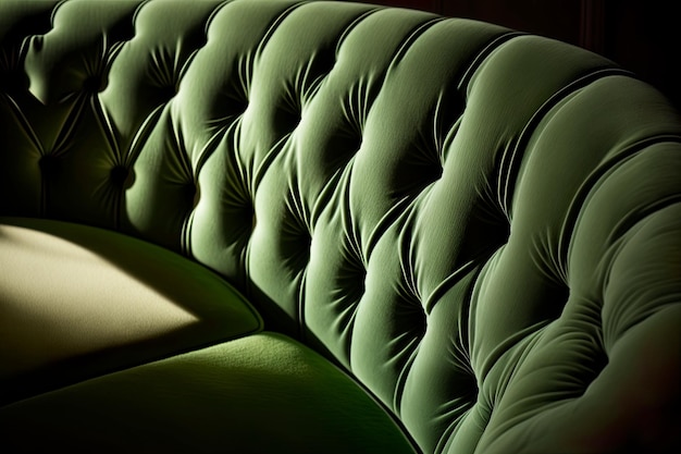 Primo piano di un divano in tessuto verde con ombre lunatiche IA generativa