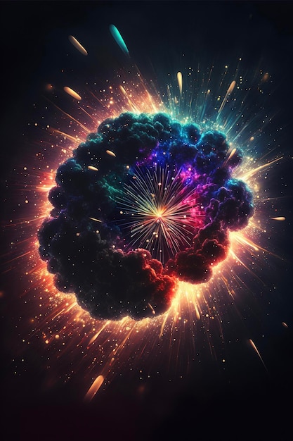 Primo piano di un'esplosione colorata su uno sfondo nero ai generativo
