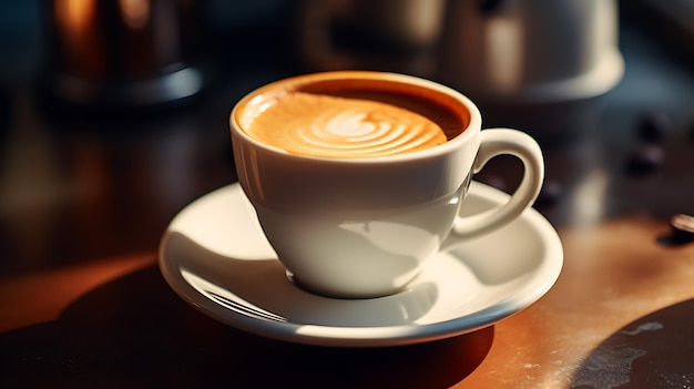 Primo piano di un espresso appena preparato in una tazza bianca