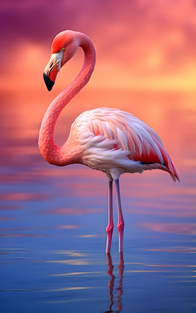 Primo piano di un fenicottero rosa su uno sfondo rosa di cielo e acqua in piedi in un lago rosa IA generativa