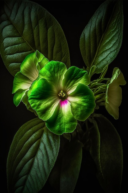 Primo piano di un fiore con foglie verdi ai generativo