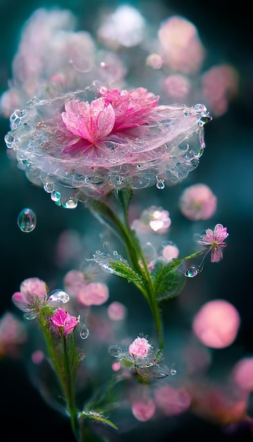 Primo piano di un fiore con gocce d'acqua su di esso ai generativa