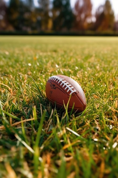 Primo piano di un football americano su un campo in erba creato con l'IA generativa