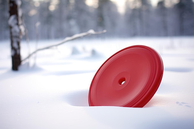 Primo piano di un frisbee rosso del disco che si trova nella neve