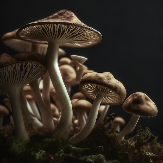 primo piano di un fungo nella foresta IA generativa
