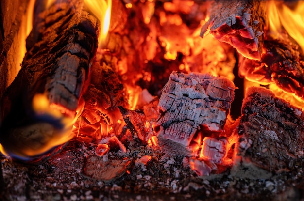 Primo piano di un fuoco ardente in un caminetto in mattoni. Legna da ardere di betulla. Casa.