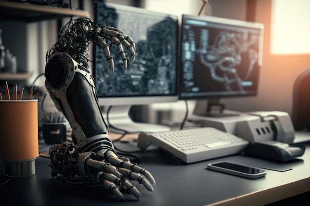 Primo piano di un futuristico braccio robotico protesico su una scrivania in un laboratorio di ricerca ad alta tecnologia di generazione AI