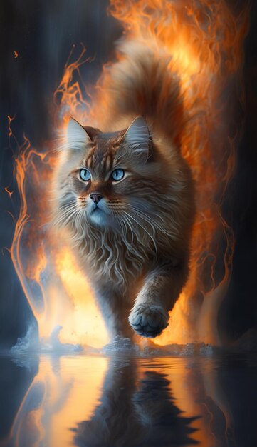 Primo piano di un gatto su uno sfondo di fuoco ai generativo