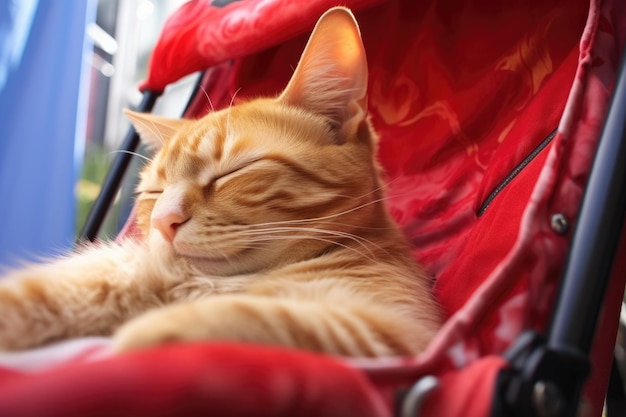 Primo piano di un gatto zenzero sdraiato in un passeggino rosso