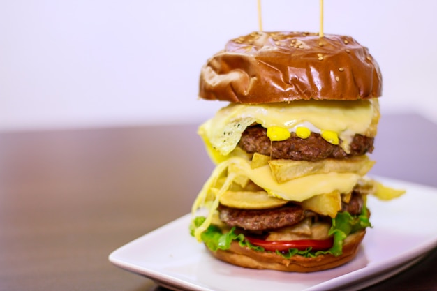 Primo piano di un grande doppio hamburger su piatto di porcellana e sfondo bianco