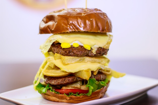 Primo piano di un grande doppio hamburger su piatto di porcellana e sfondo bianco