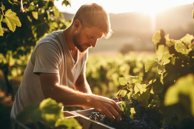 Primo piano di un grappolo di uva rossa matura in campagna al tramonto AI generativa