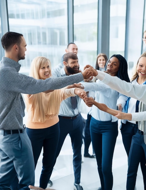 Primo piano di un gruppo di colleghi in un ufficio moderno, ognuno dei quali si tiene per mano in segno di solidarietà