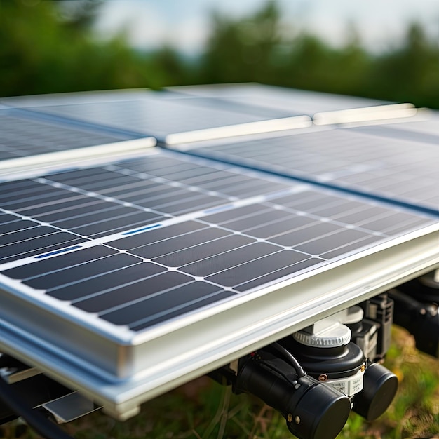 Primo piano di un'installazione di pannelli solari con batterie