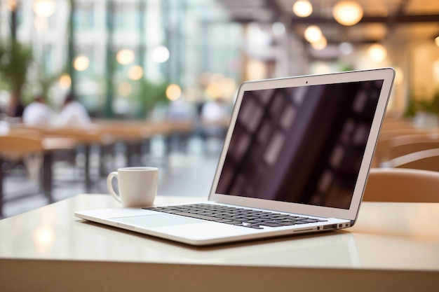 Primo piano di un laptop e una tazza di caffè su un tavolo in un ristorante