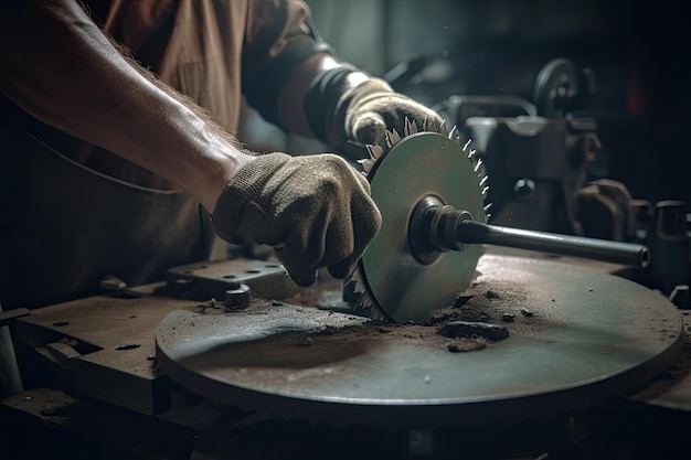 Primo piano di un lavoratore che utilizza una sega circolare per tagliare un pezzo di metallo Un operaio industriale si avvicina le mani del lavoro nel progetto AI Generated