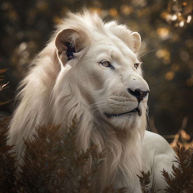Primo piano di un leone bianco nel suo habitat naturale sfondo Concetto di regno animale