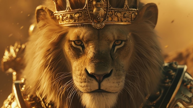 primo piano di un leone come re che indossa una corona