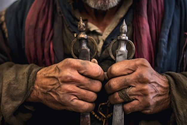 Primo piano di un maestro bladesmiths indossato mani che tengono una spada creata con ai generativa