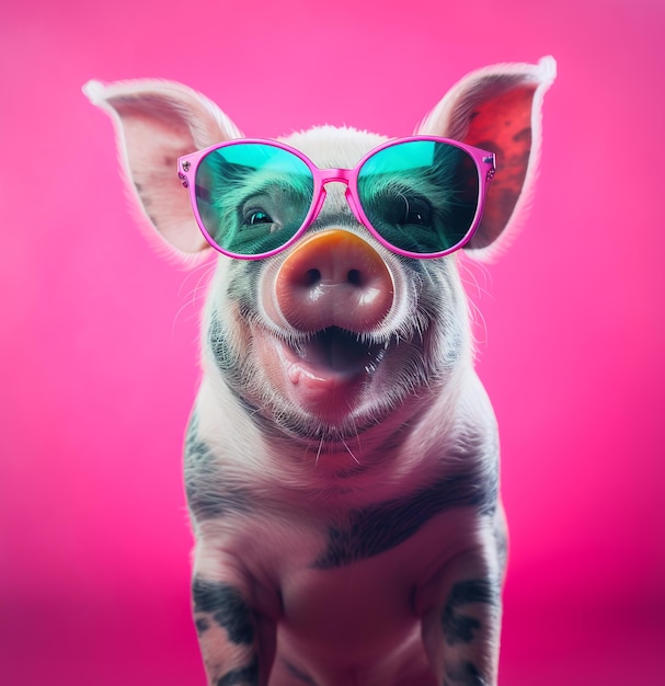 Primo piano di un maiale con gli occhiali isolati su sfondo rosa
