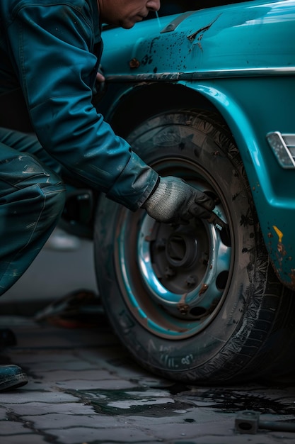 primo piano di un meccanico in uniforme che ripara una vecchia macchina in garage