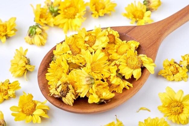 primo piano di un mucchio di fiori di crisantemo secchi su un cucchiaio di legno su sfondo bianco