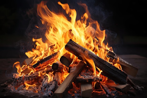 Primo piano di un mucchio di legna da ardere che brucia con fiamme arancioni e gialle