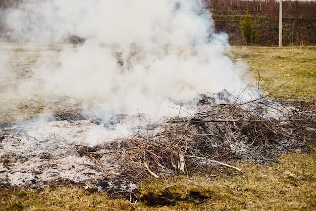 Primo piano di un mucchio di rami in fiamme in un giardino al tramonto