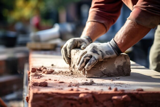 Primo piano di un muratore che cementa un muro di mattoni con la mano AI